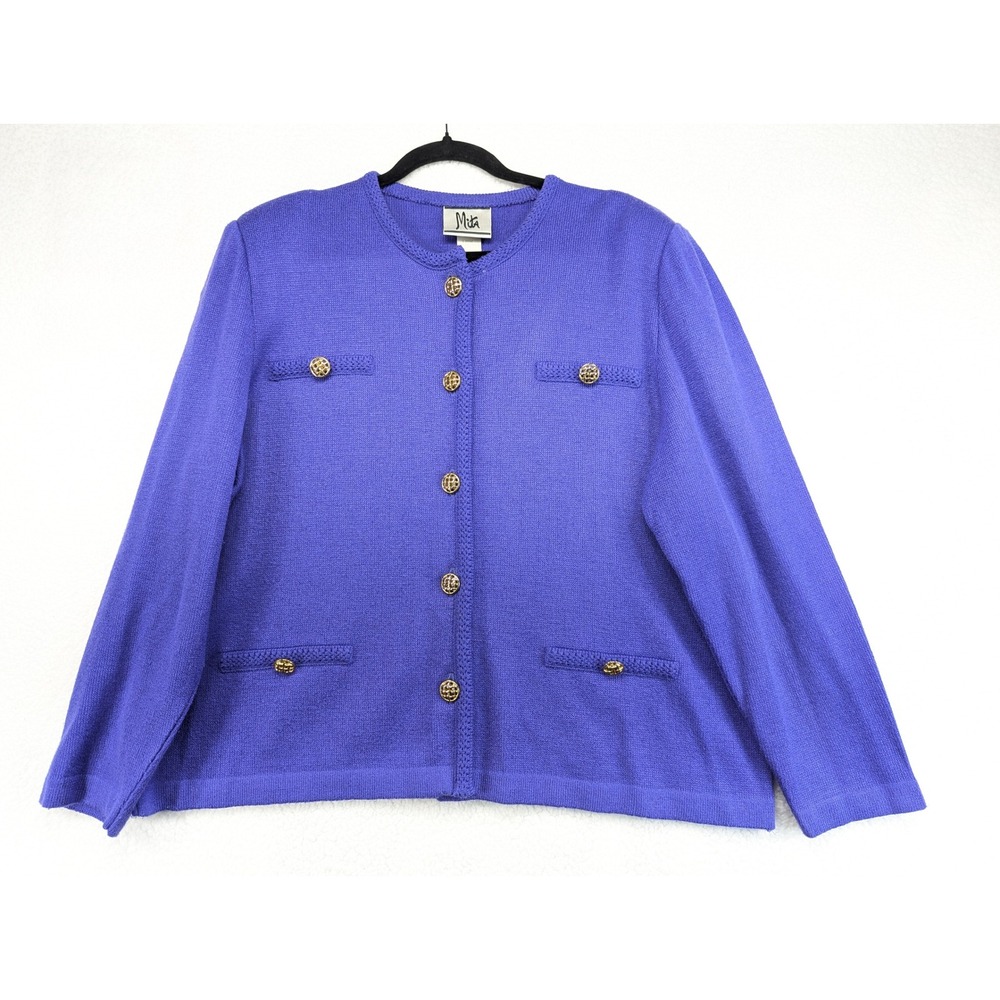 Mita Royal Purple Knit Cardigan Jacket Gold Buttons Made in USA Plus Size 18W